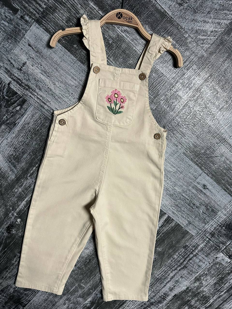 Kız Çocuk Çiçek Nakışlı Gabardin Salopet Takım