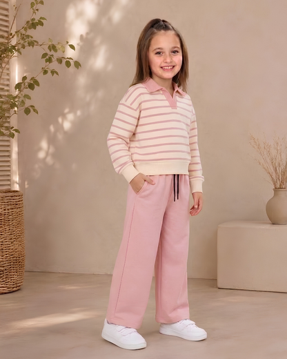 Kız Çocuk Polo Yaka Çizgili Sweatshirt ve Bol Paça Eşofman Altı İkili Takım
