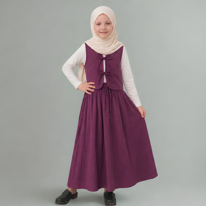 Kız Çocuk Müslin Bağcıklı Yelek Etek İkili Takım