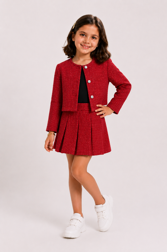 Kız Çocuk Kırmızı Tweed Ceket & Etek Şort Takım (Badili)