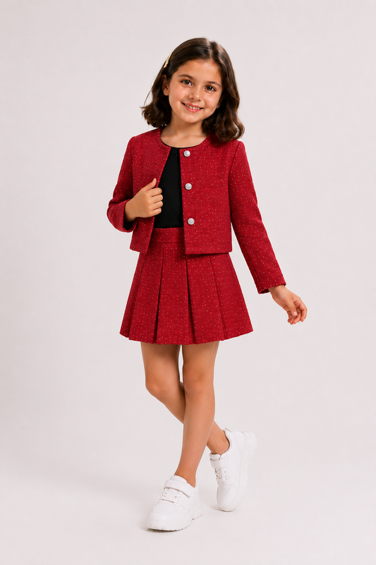 Kız Çocuk Kırmızı Tweed Ceket & Etek Şort Takım (Badili)