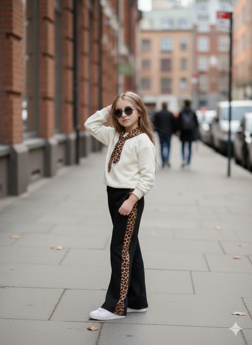 Kız Çocuk Fular Detaylı İki İplik Eşofman Takımı 4-12 yaş