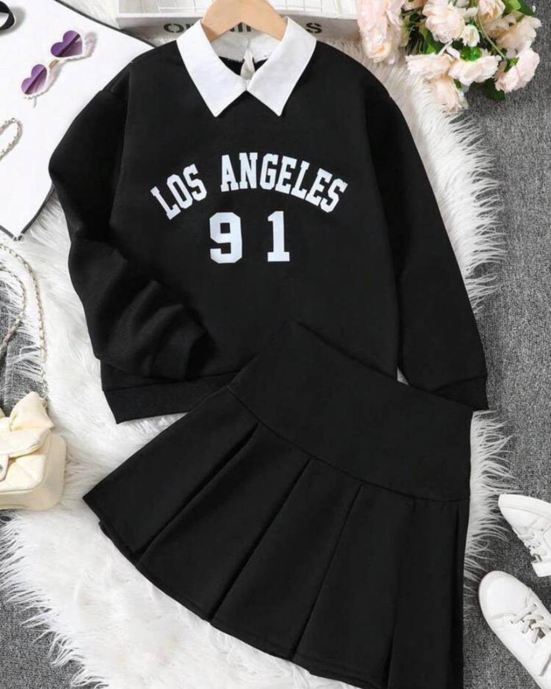 Kız Çocuk Gömlek Yaka Detaylı Etekli Takım – 4-14 Yaş