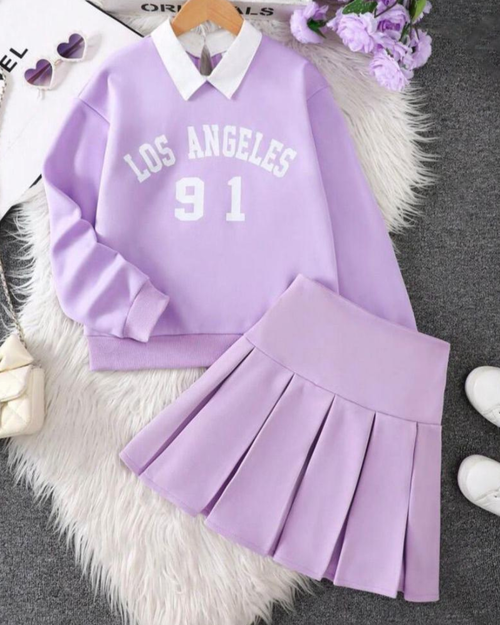 Kız Çocuk Gömlek Yaka Detaylı Etekli Takım – 4-14 Yaş