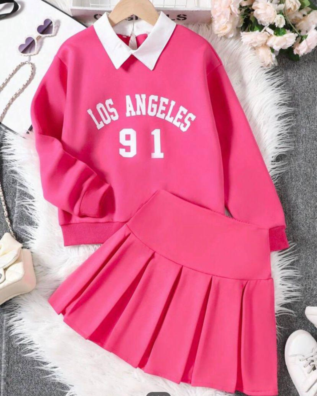 Kız Çocuk Gömlek Yaka Detaylı Etekli Takım – 4-14 Yaş