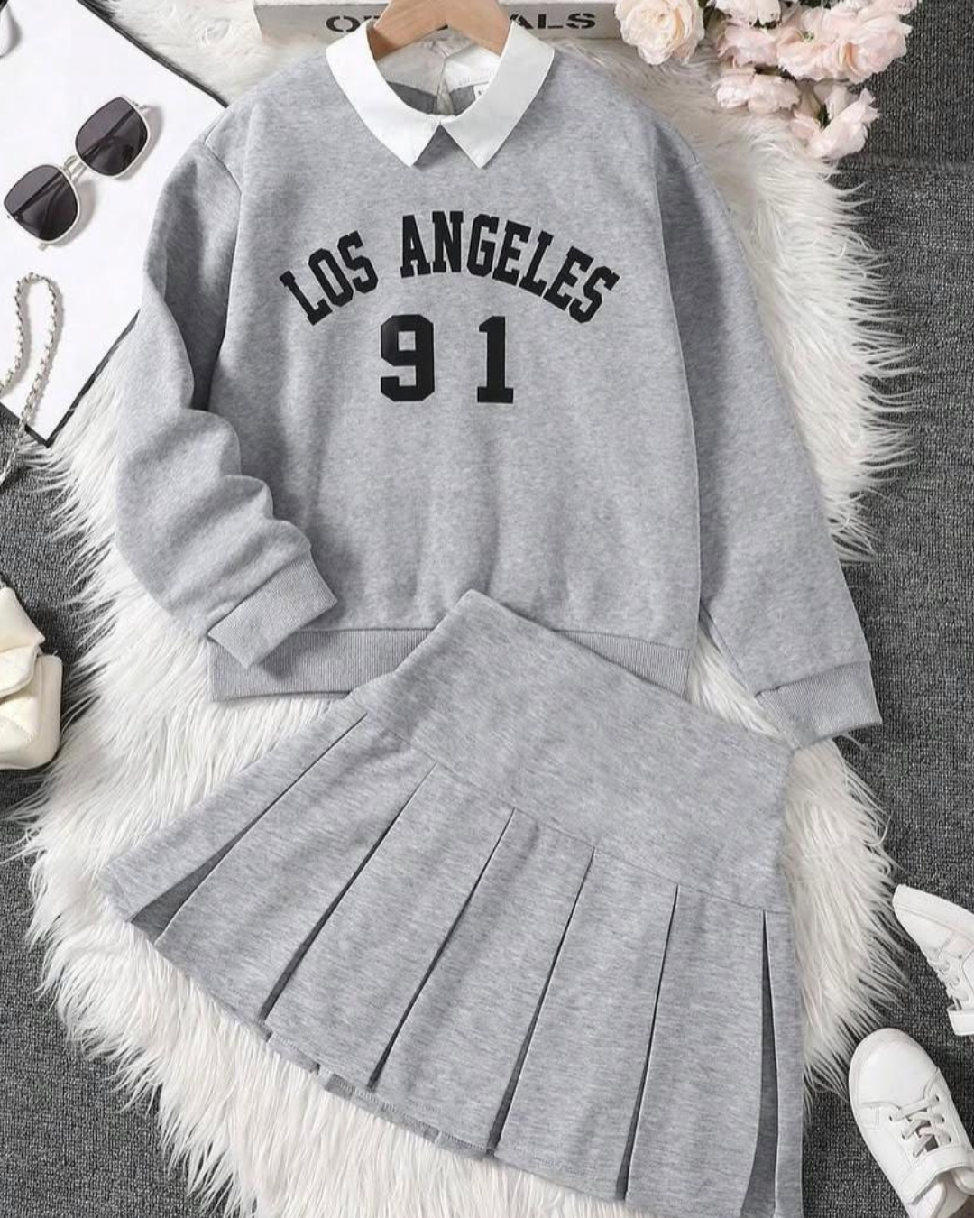 Kız Çocuk Gömlek Yaka Detaylı Etekli Takım – 4-14 Yaş