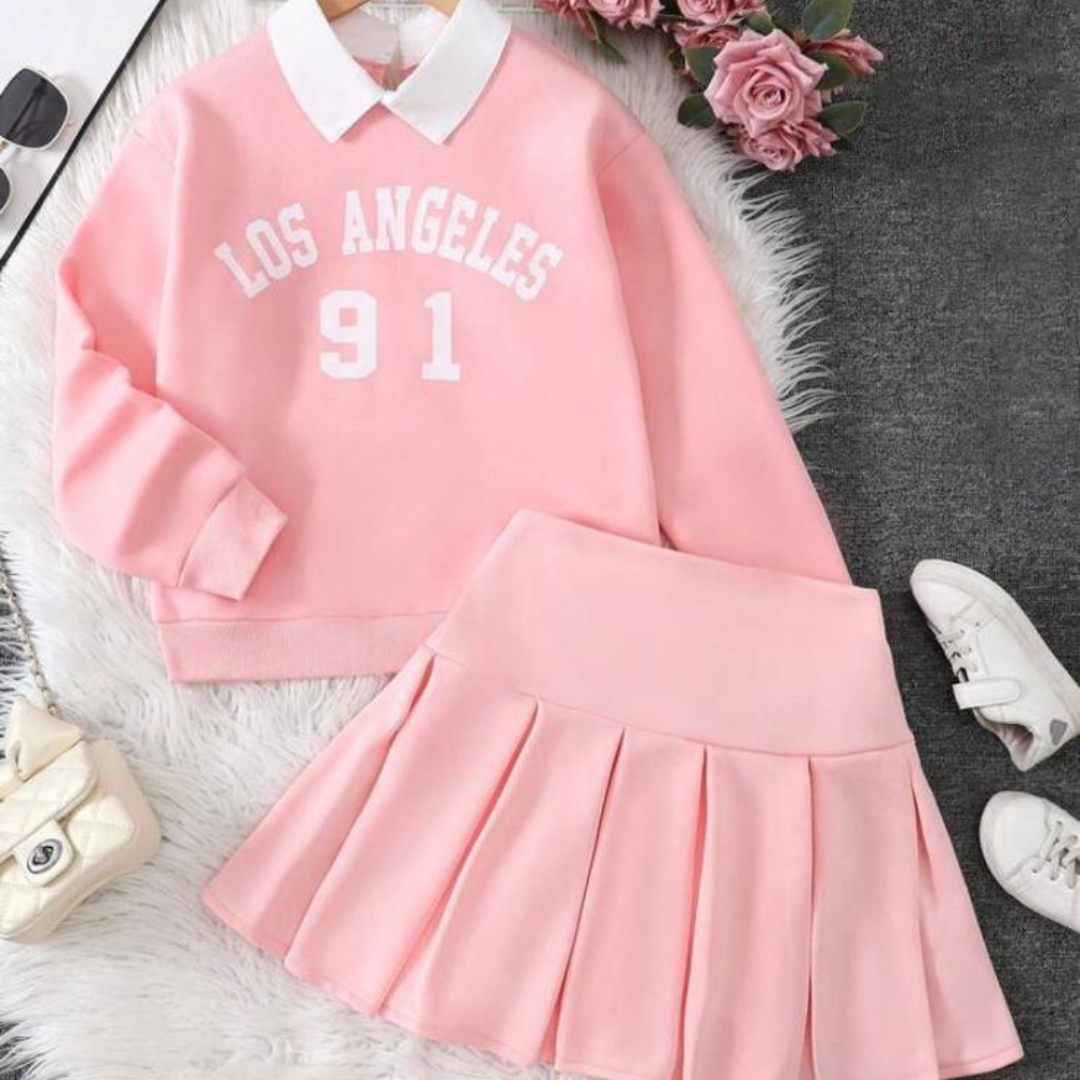 Kız Çocuk Gömlek Yaka Detaylı Etekli Takım – 4-14 Yaş