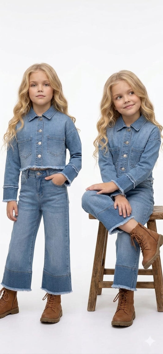 Kız Çocuk Denim İkili Takım (Kot Ceket + Bol Paça Pantolon)