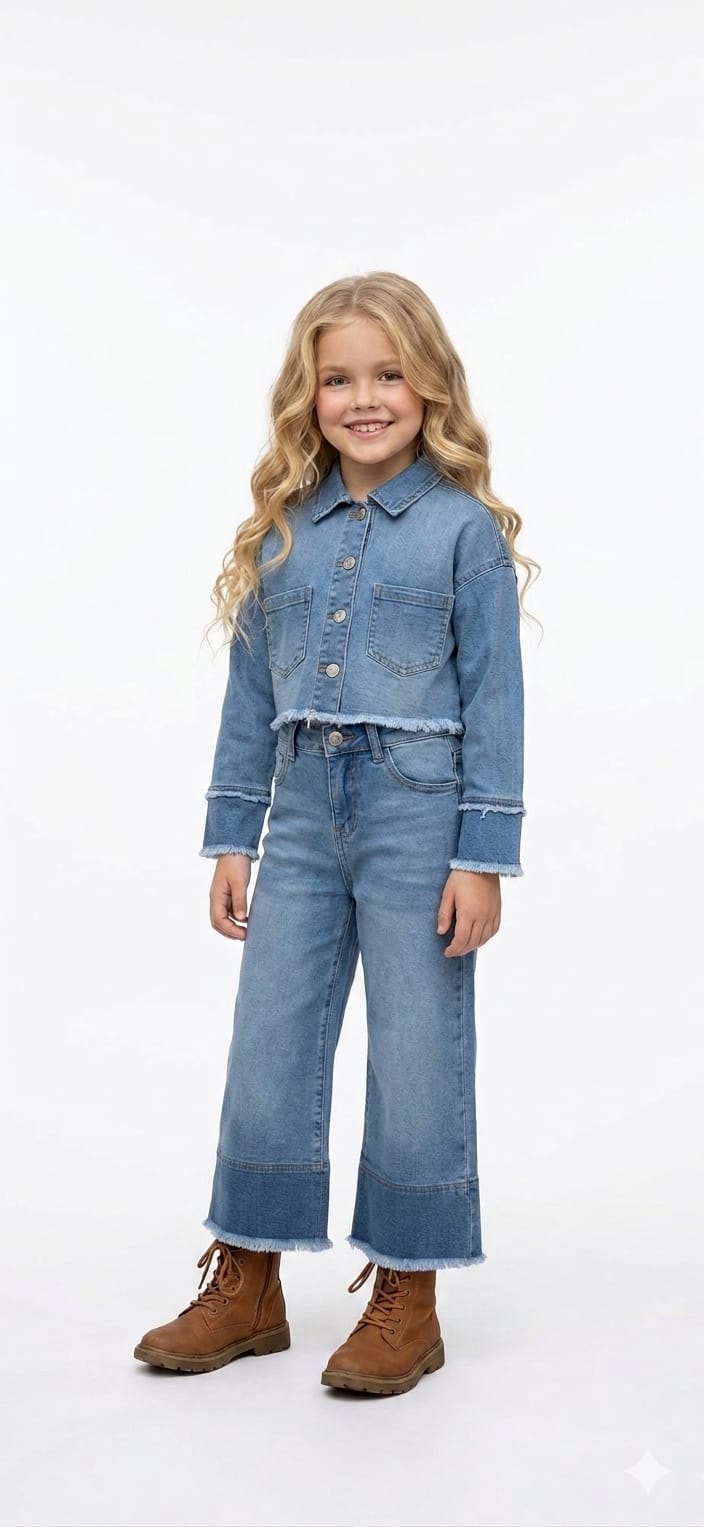 Kız Çocuk Denim İkili Takım (Kot Ceket + Bol Paça Pantolon)