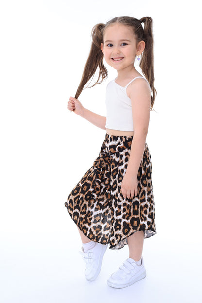Kız Çocuk Leopar Desenli Şalvar Crop Top İkili Takım