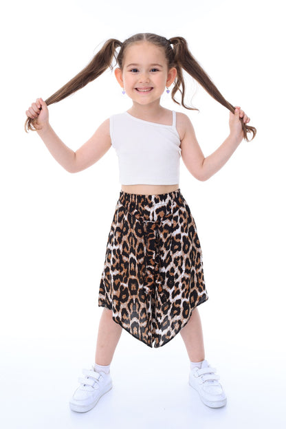 Kız Çocuk Leopar Desenli Şalvar Crop Top İkili Takım