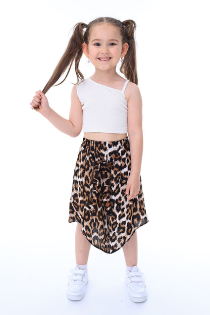 Kız Çocuk Leopar Desenli Şalvar Crop Top İkili Takım