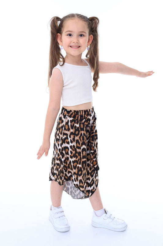 Kız Çocuk Leopar Desenli Şalvar Crop Top İkili Takım