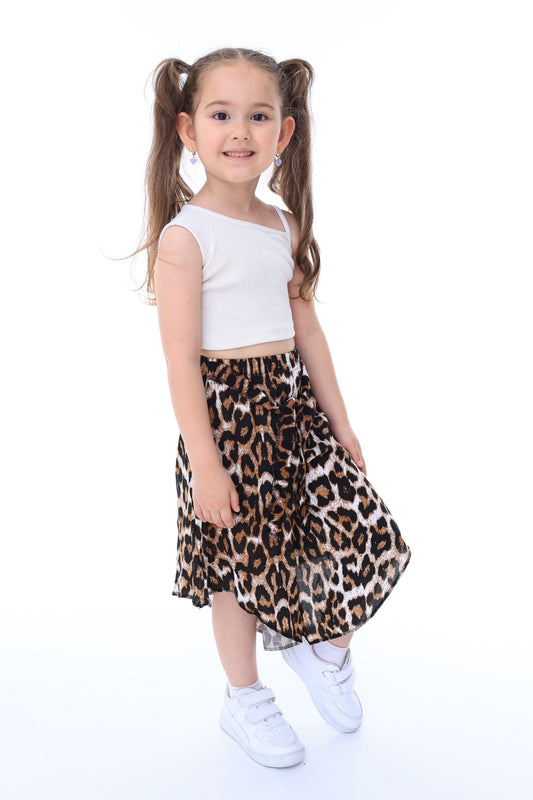 Kız Çocuk Leopar Desenli Şalvar Crop Top İkili Takım
