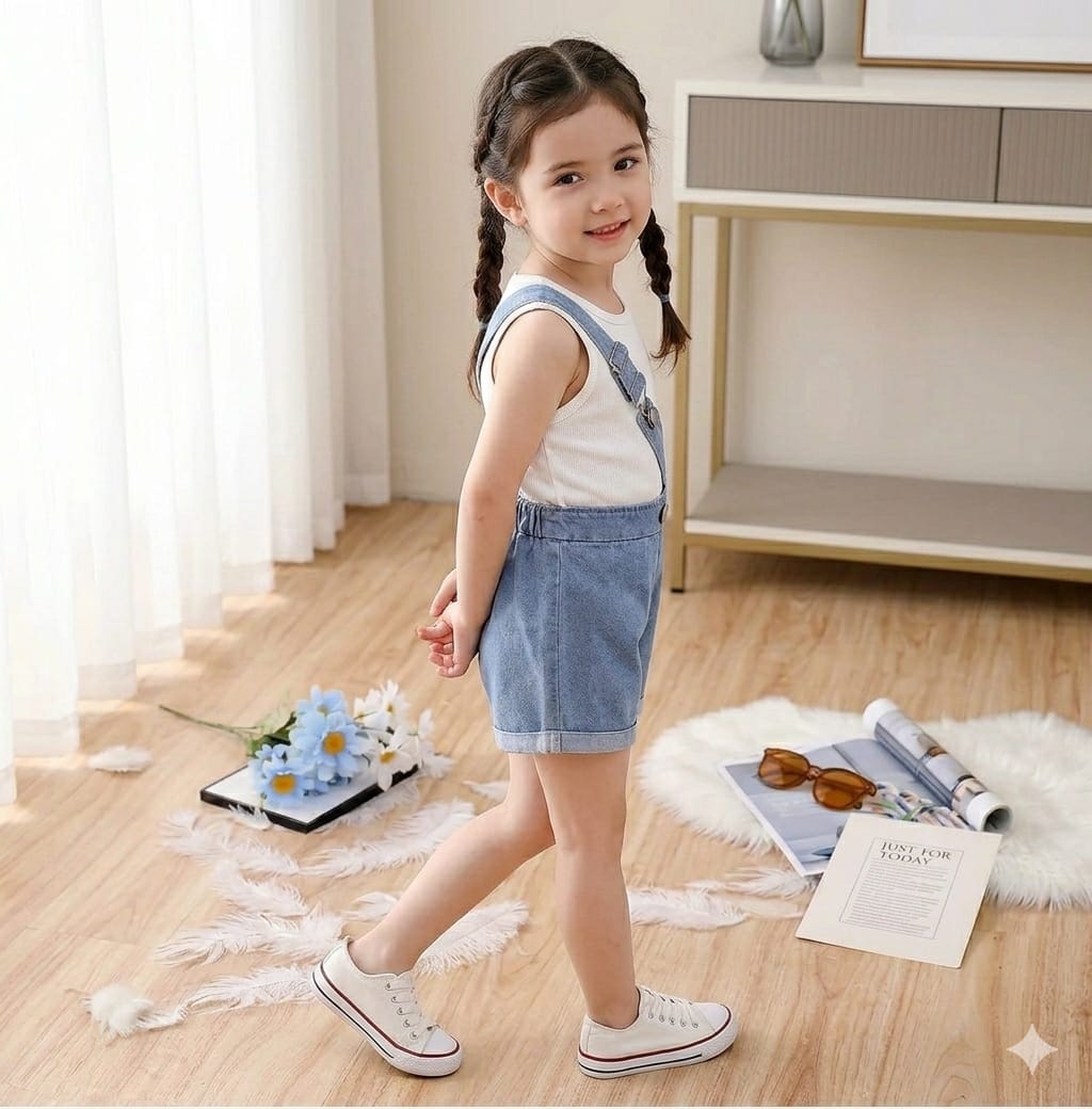 Kız Çocuk Kot Salopet Ribana Asklı Üst 3-12 Yaş