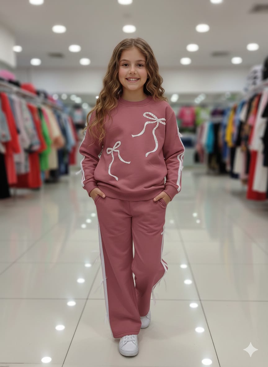 Kız Çocuk İki İplik Eşofman Takımı İnci Detaylı