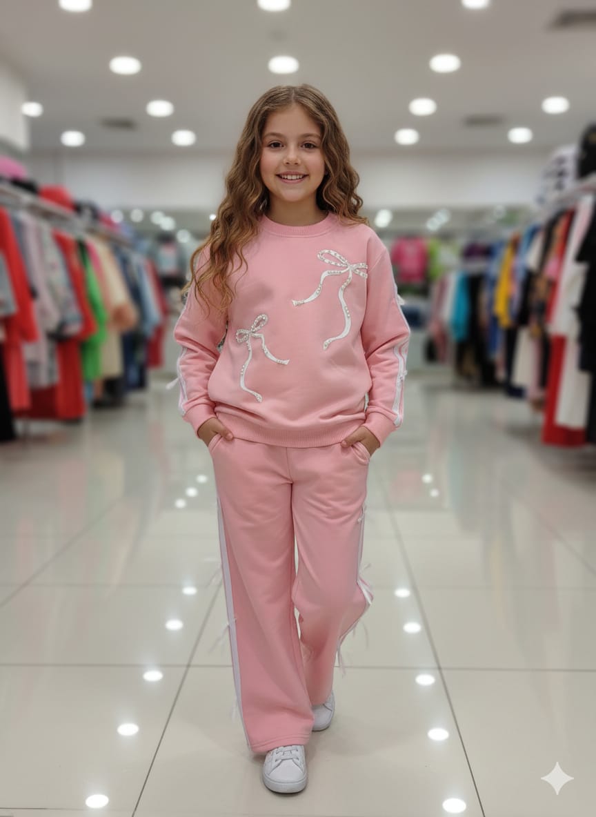 Kız Çocuk İki İplik Eşofman Takımı İnci Detaylı