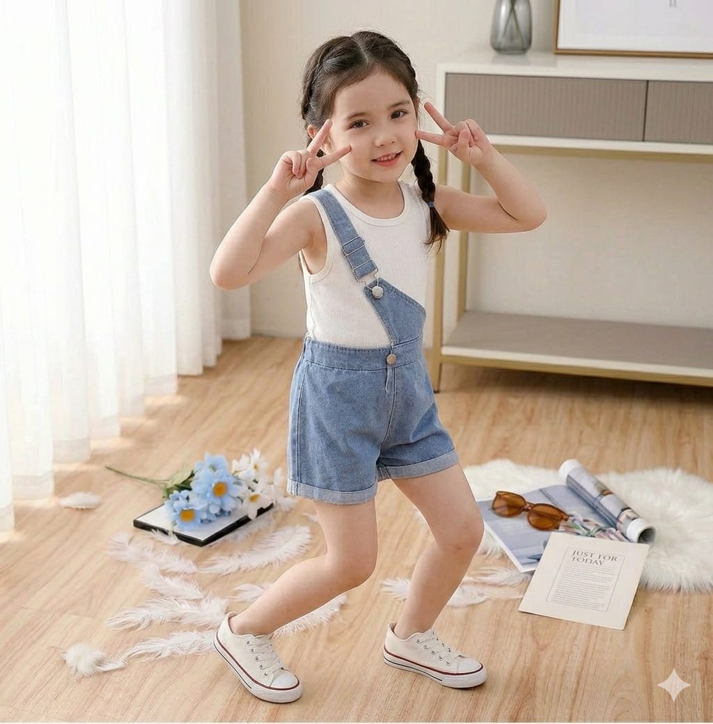 Kız Çocuk Kot Salopet Ribana Asklı Üst 3-12 Yaş