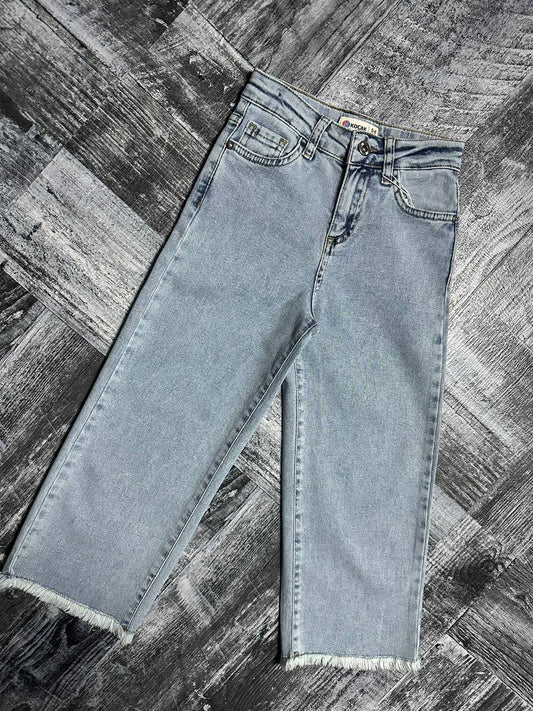 Kız Çocuk Ham Paça Wide Leg Jean - Buz Mavisi