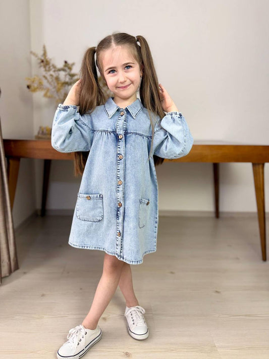 Kız Çocuk Düğmeli Cepli Denim Elbise