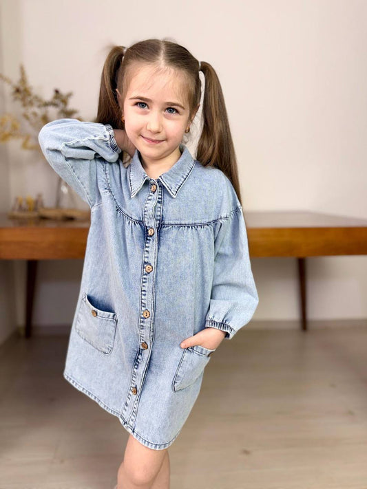 Kız Çocuk Düğmeli Cepli Denim Elbise