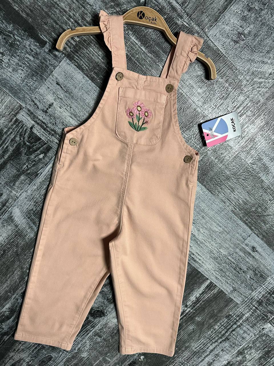 Kız Çocuk Çiçek Nakışlı Gabardin Salopet Takım