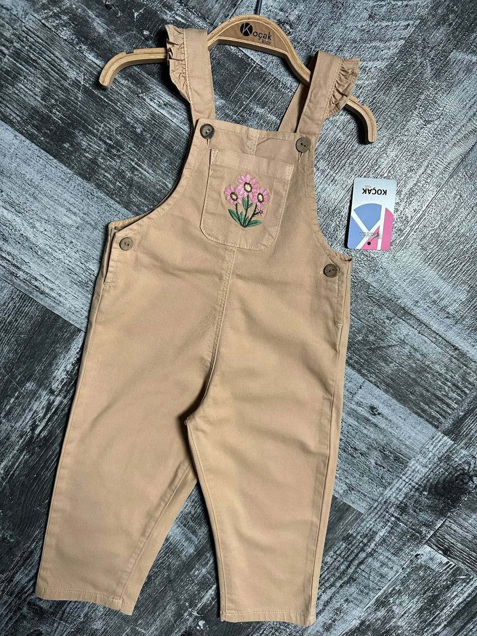 Kız Çocuk Çiçek Nakışlı Gabardin Salopet Takım