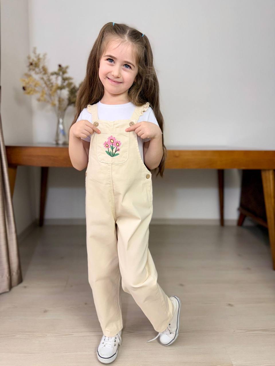 Kız Çocuk Çiçek Nakışlı Gabardin Salopet Takım