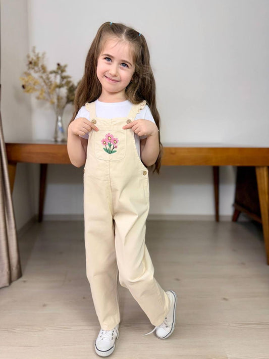 Kız Çocuk Çiçek Nakışlı Gabardin Salopet Takım
