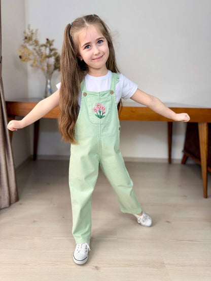 Kız Çocuk Çiçek Nakışlı Gabardin Salopet Takım