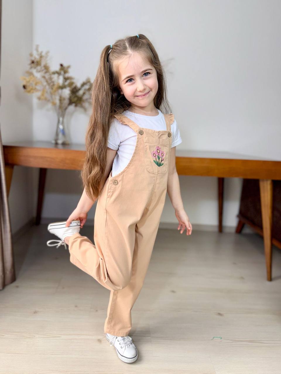 Kız Çocuk Çiçek Nakışlı Gabardin Salopet Takım