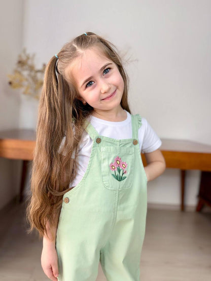 Kız Çocuk Çiçek Nakışlı Gabardin Salopet Takım