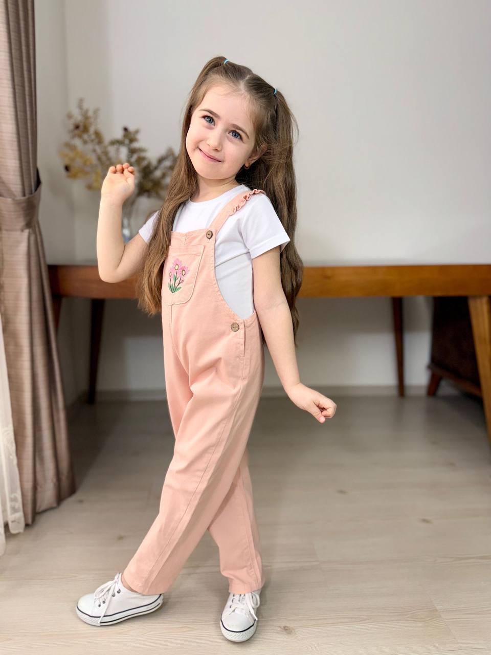 Kız Çocuk Çiçek Nakışlı Gabardin Salopet Takım