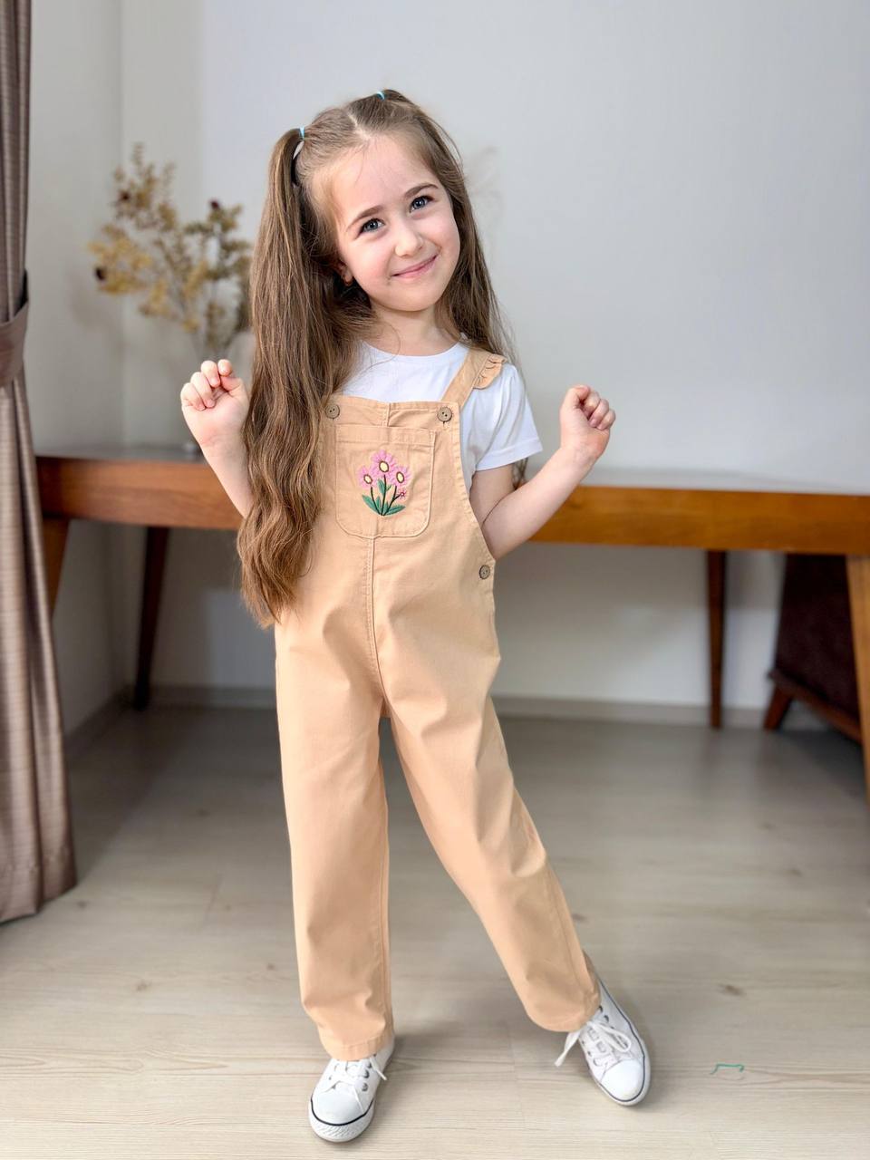 Kız Çocuk Çiçek Nakışlı Gabardin Salopet Takım