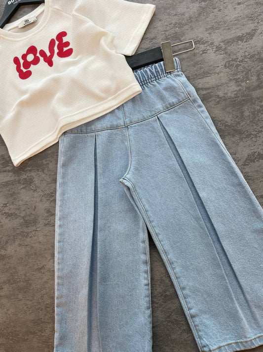 Kız Çocuk Love Yazılı Crop Top ve Denim Pantolon İkili Takım