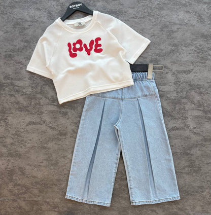 Kız Çocuk Love Yazılı Crop Top ve Denim Pantolon İkili Takım