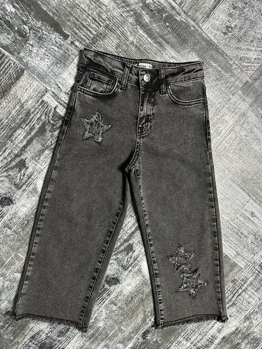 Kız Çocuk Yıldız Nakışlı Ham Paça Wide Leg Jean