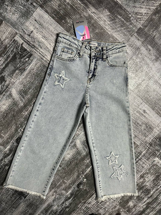 Kız Çocuk Yıldız Nakışlı Ham Paça Wide Leg Jean - Ön Görünüm