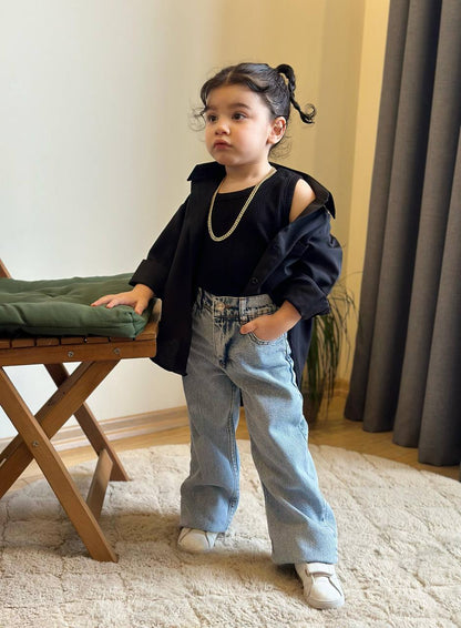 Kız Çocuk Poplin Gömlek + Fitilli Atlet + Kot Pantolon 3'lü Takım